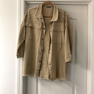 Khaki Denim Pearl Embellished Oversized Button Down Top